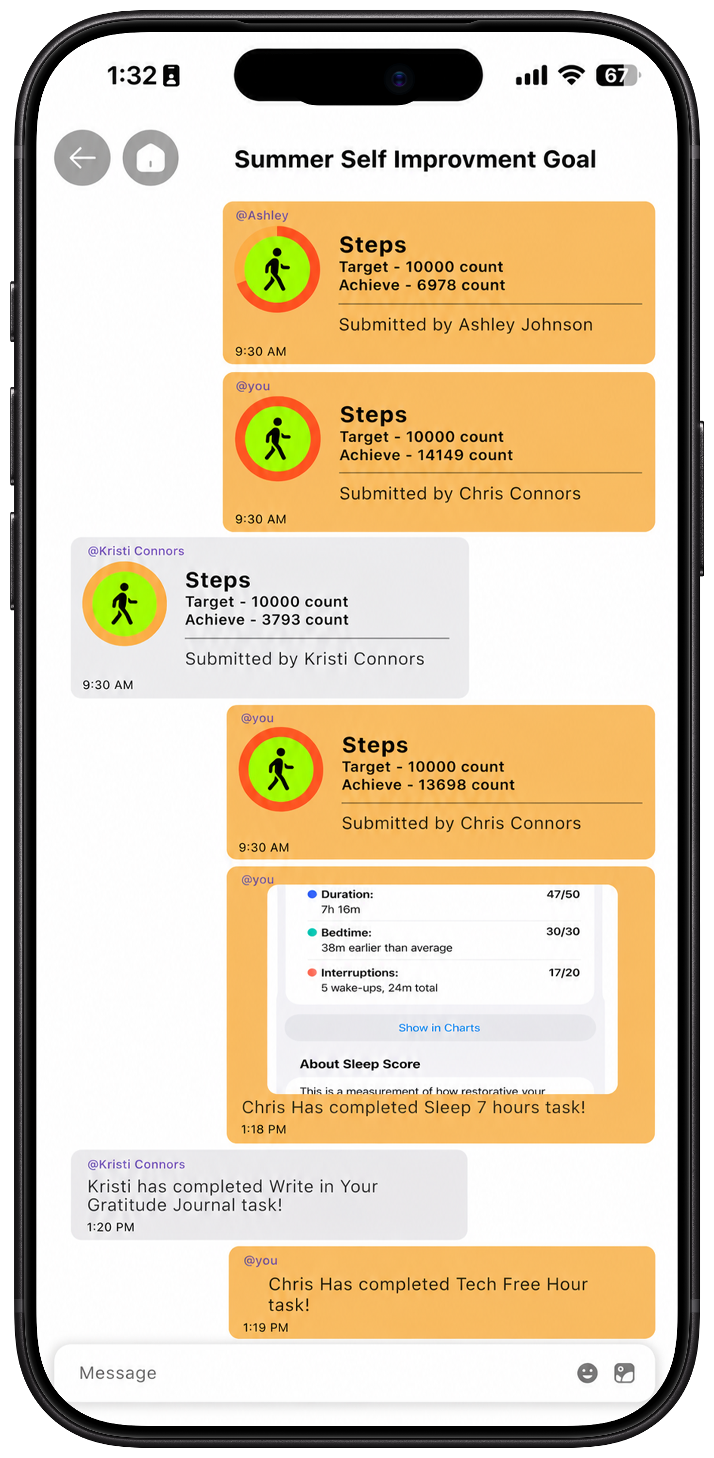 Conqr Goal Chat mobile application screen